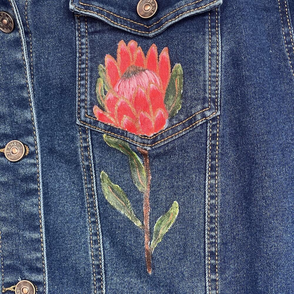 Miladys Denim Jacket‎ Womens 22 Blue Floral Hand Painted Trucker Stretch Plus - Picture 3 of 10